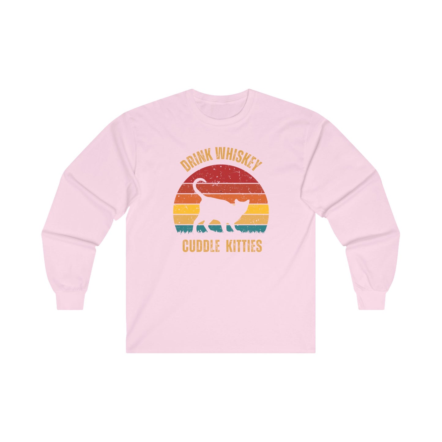 Drink Whiskey Cuddle Kitties Unisex Ultra Cotton Long Sleeve Tee, girlfriend gift, boyfriend gift, mom gift, dad gift, cat lover gift, Whiskey drinker Gift, funny cat t-shirt, Cat Tee, Sunset