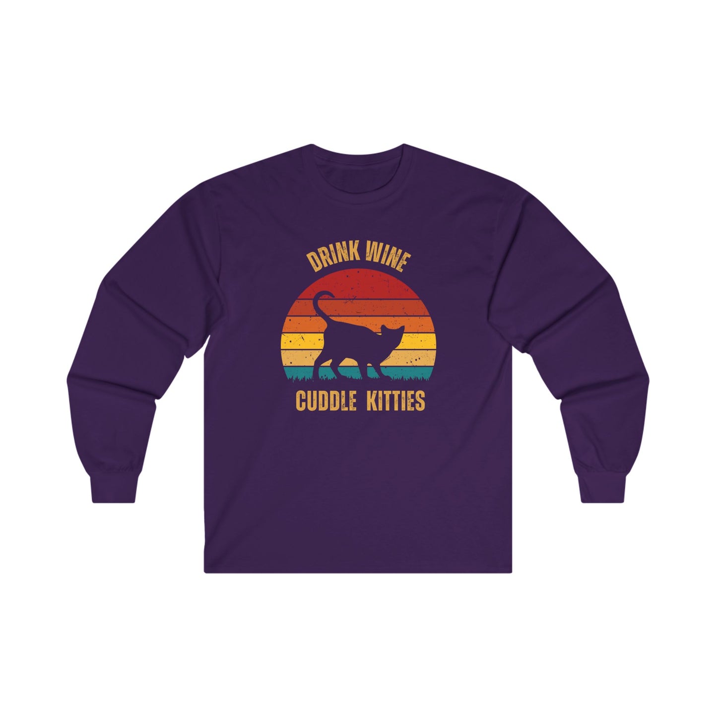 Drink Wine Cuddle Kitties Unisex Ultra Cotton Long Sleeve Tee, girlfriend gift, boyfriend gift, mom gift, dad gift, cat tee, wine drinker gift, funny cat t-shirt
