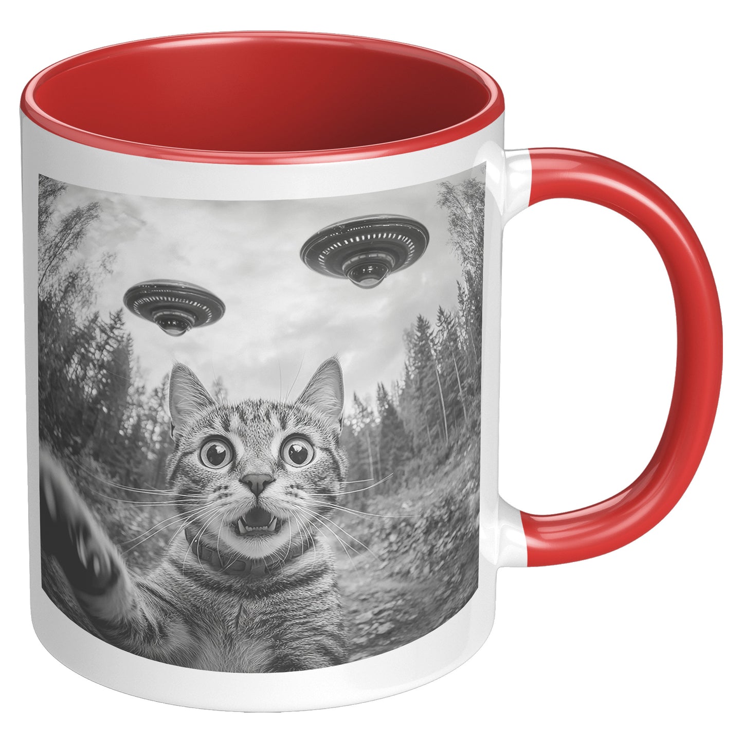 Funny Cat Selfie With Alien UFO 110z Accent Mug, Cat Momma Gift, Cat Dad Gift