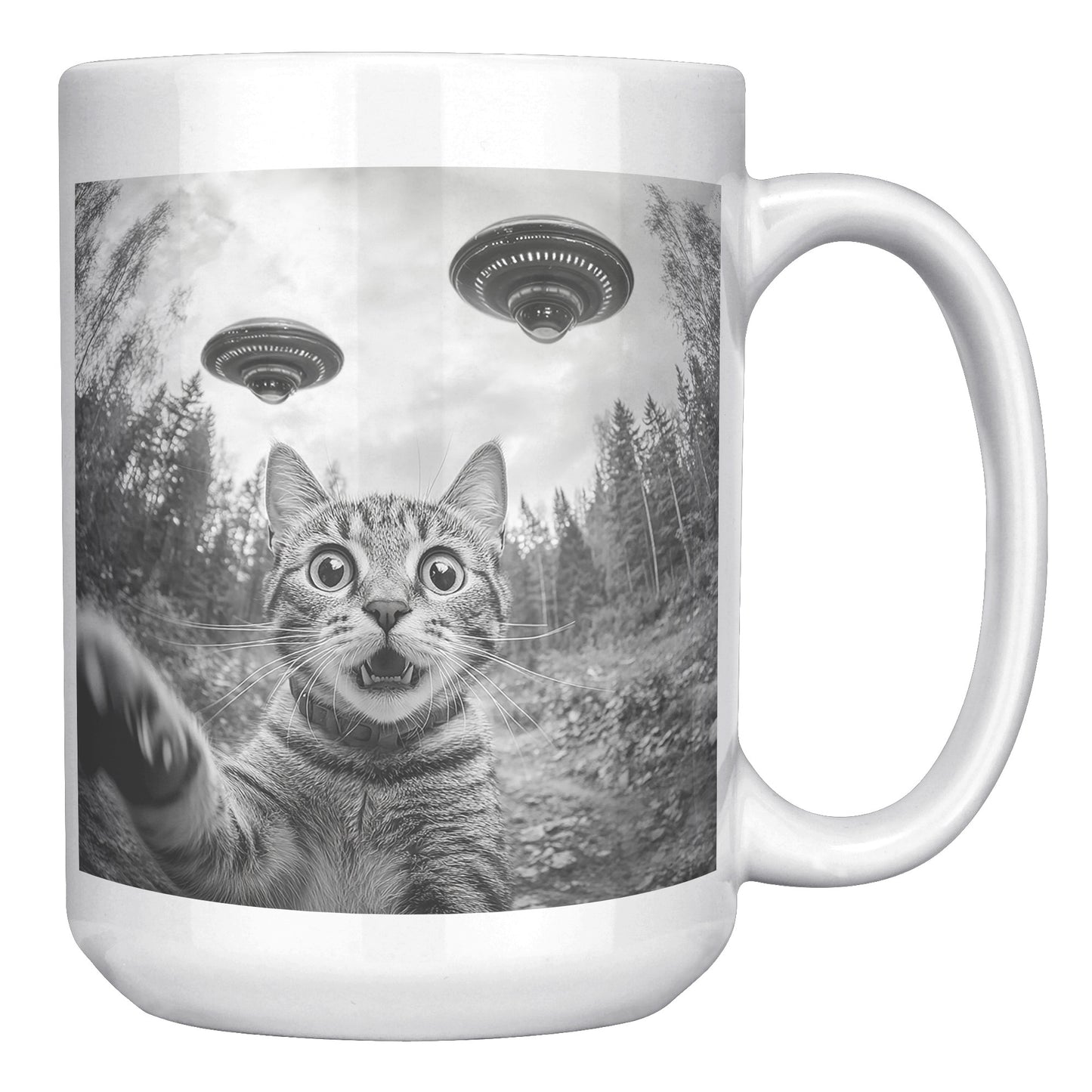 Funny Cat Selfie With Alien UFO 15oz Mug, Cat Momma Gift, Cat Dad Gift