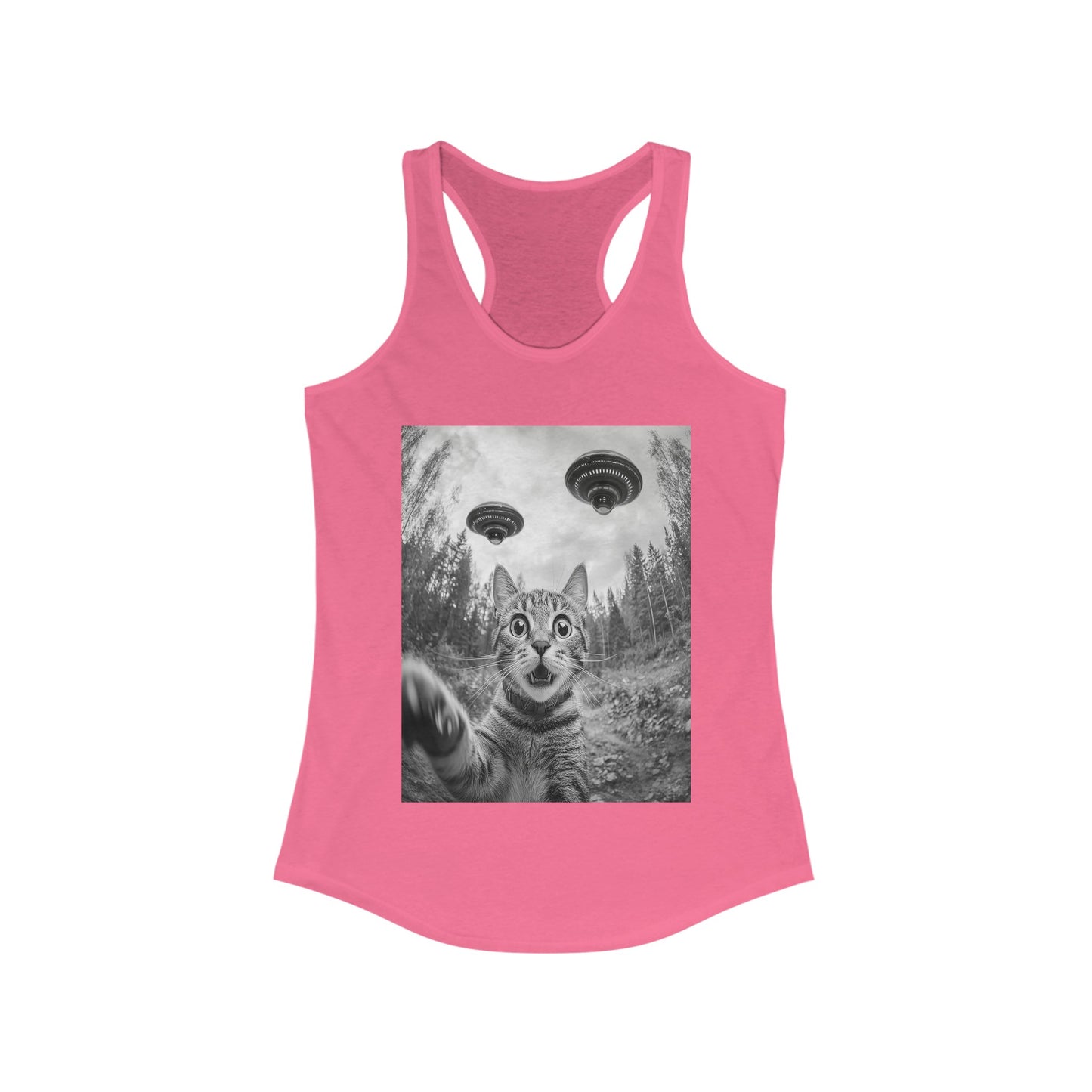 Funny Cat Selfie With Alien UFO Animal Lover Gift Racerback Tank, Funny Cat Shirt, Momma Cat Gift, Cat Lover Gift