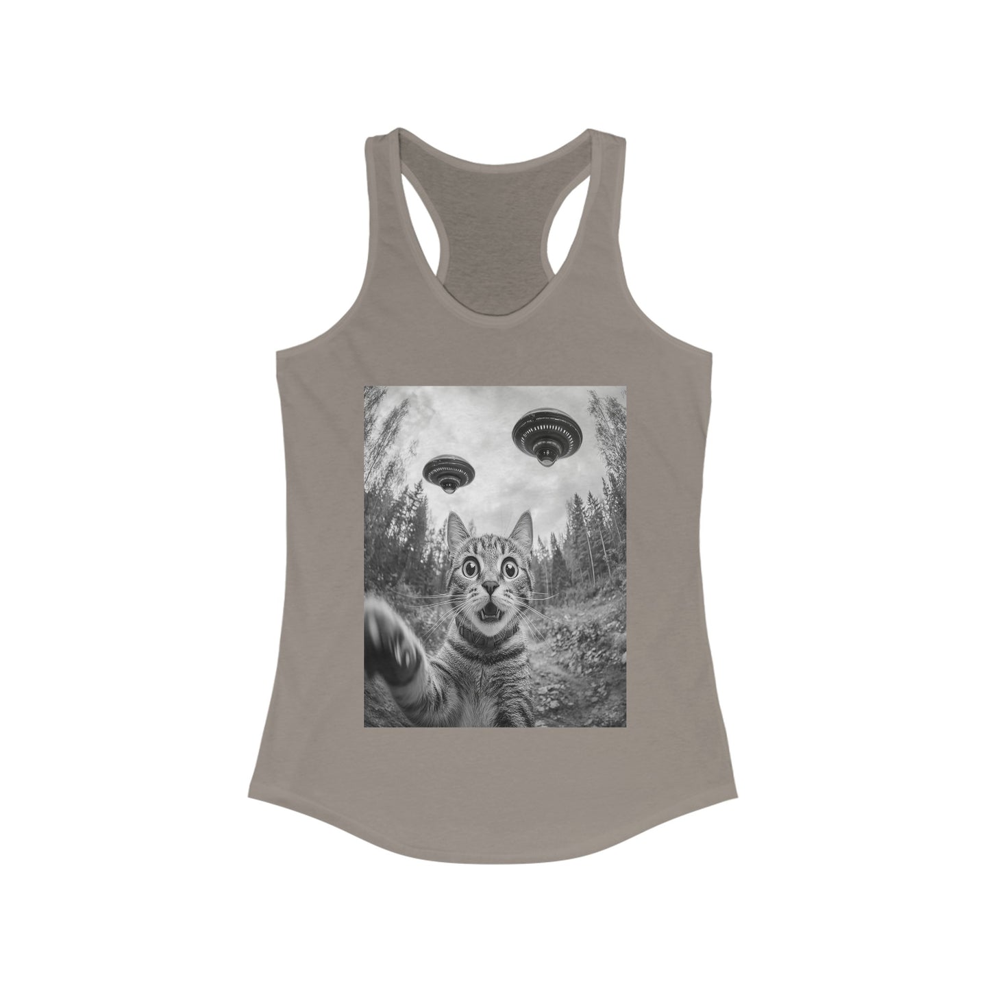 Funny Cat Selfie With Alien UFO Animal Lover Gift Racerback Tank, Funny Cat Shirt, Momma Cat Gift, Cat Lover Gift