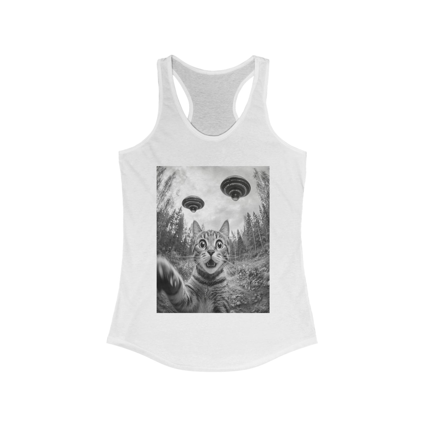 Funny Cat Selfie With Alien UFO Animal Lover Gift Racerback Tank, Funny Cat Shirt, Momma Cat Gift, Cat Lover Gift