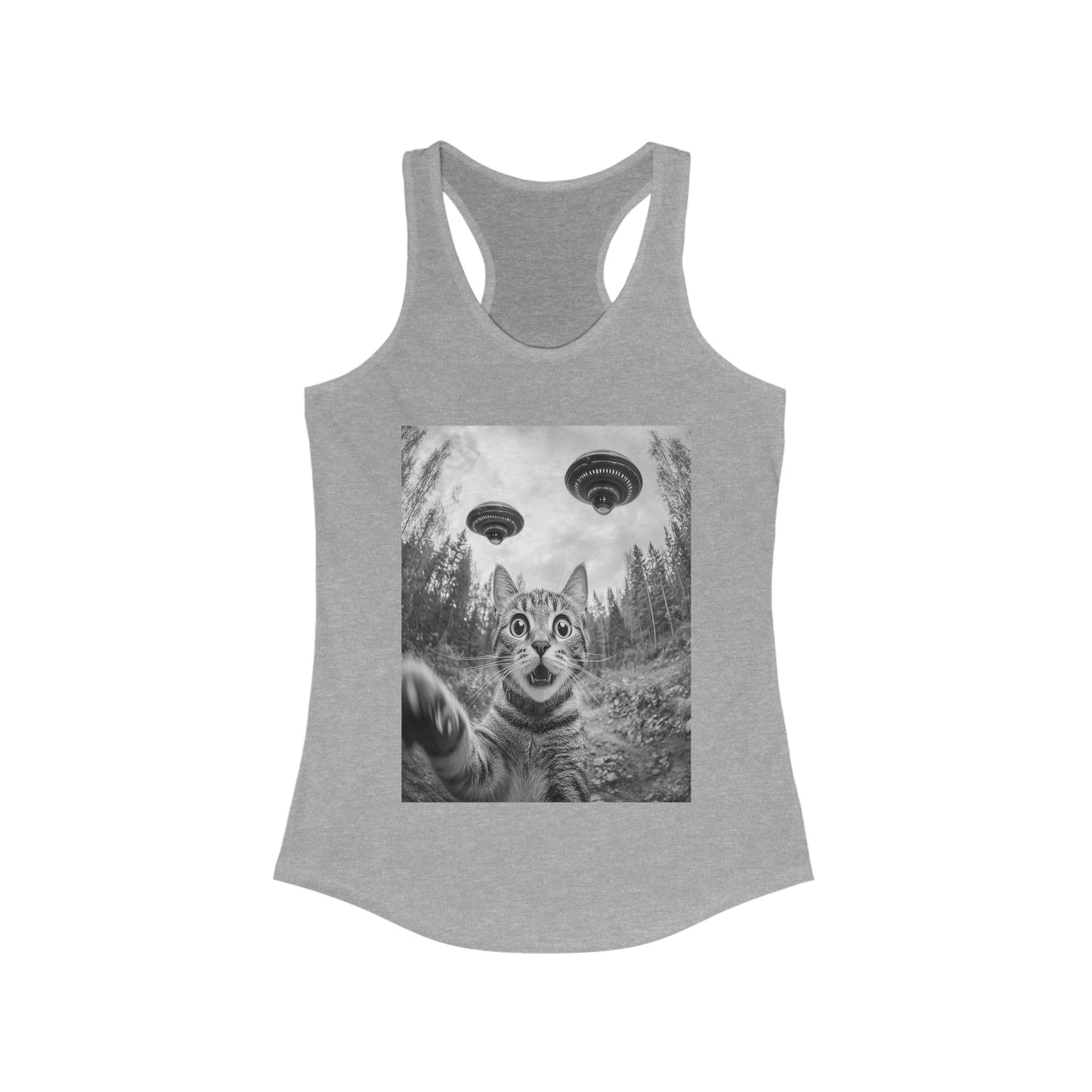 Funny Cat Selfie With Alien UFO Animal Lover Gift Racerback Tank, Funny Cat Shirt, Momma Cat Gift, Cat Lover Gift