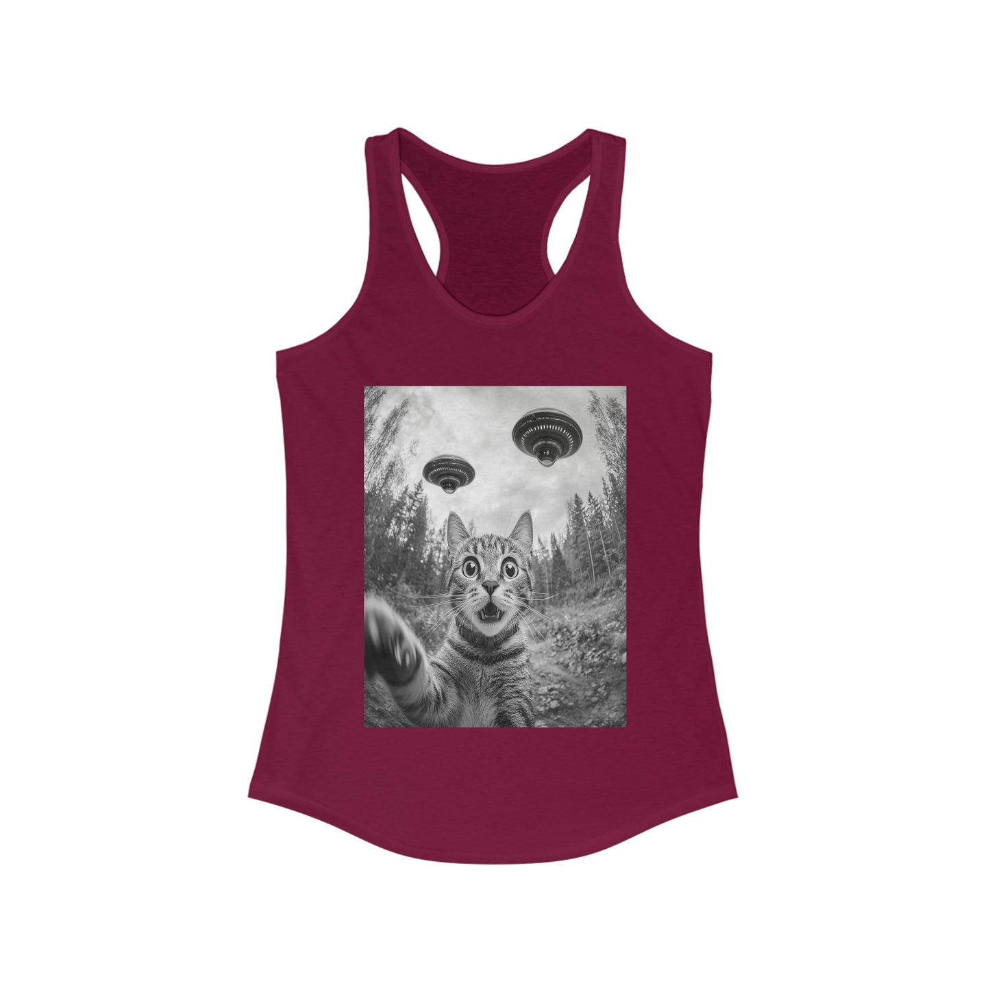 Funny Cat Selfie With Alien UFO Animal Lover Gift Racerback Tank, Funny Cat Shirt, Momma Cat Gift, Cat Lover Gift