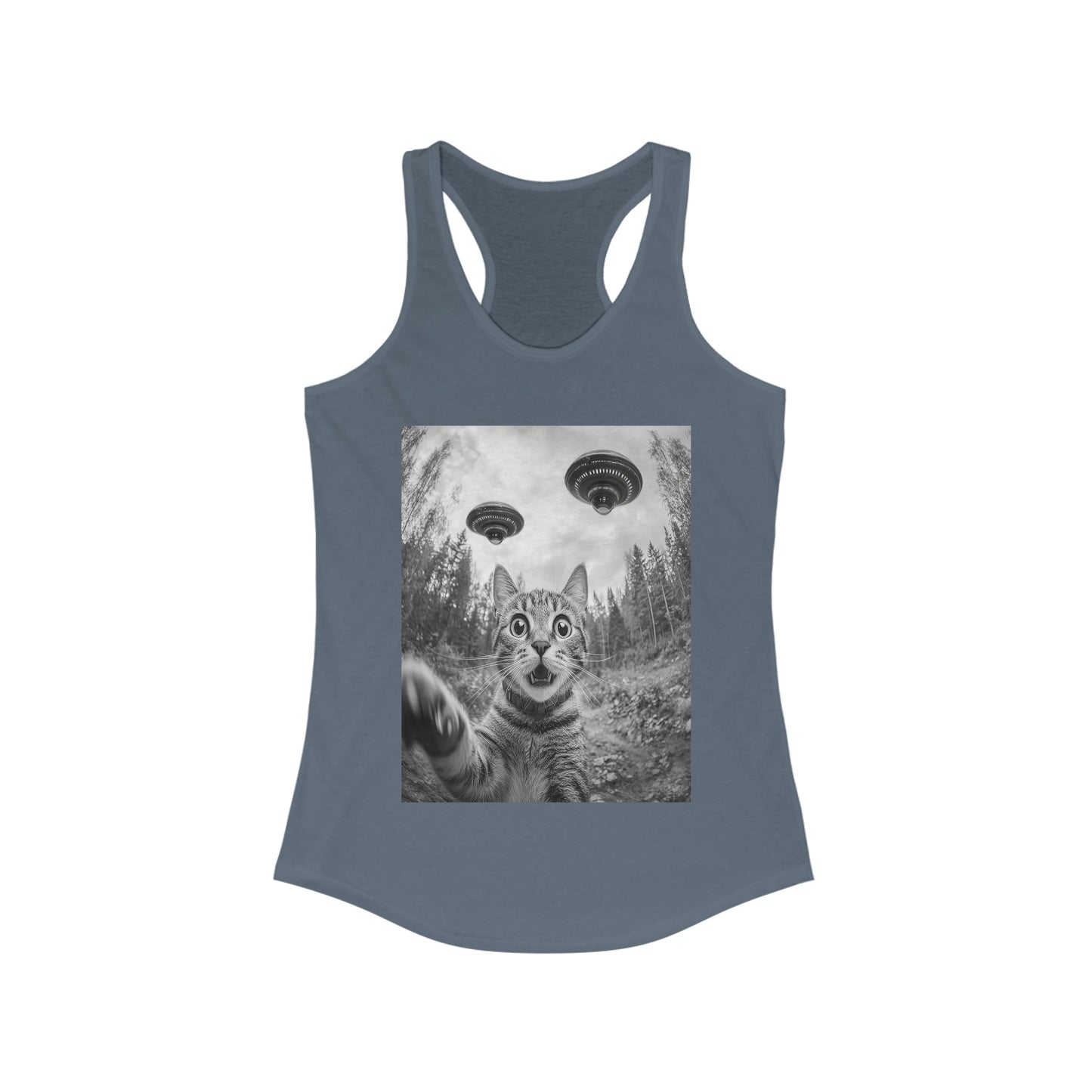 Funny Cat Selfie With Alien UFO Animal Lover Gift Racerback Tank, Funny Cat Shirt, Momma Cat Gift, Cat Lover Gift