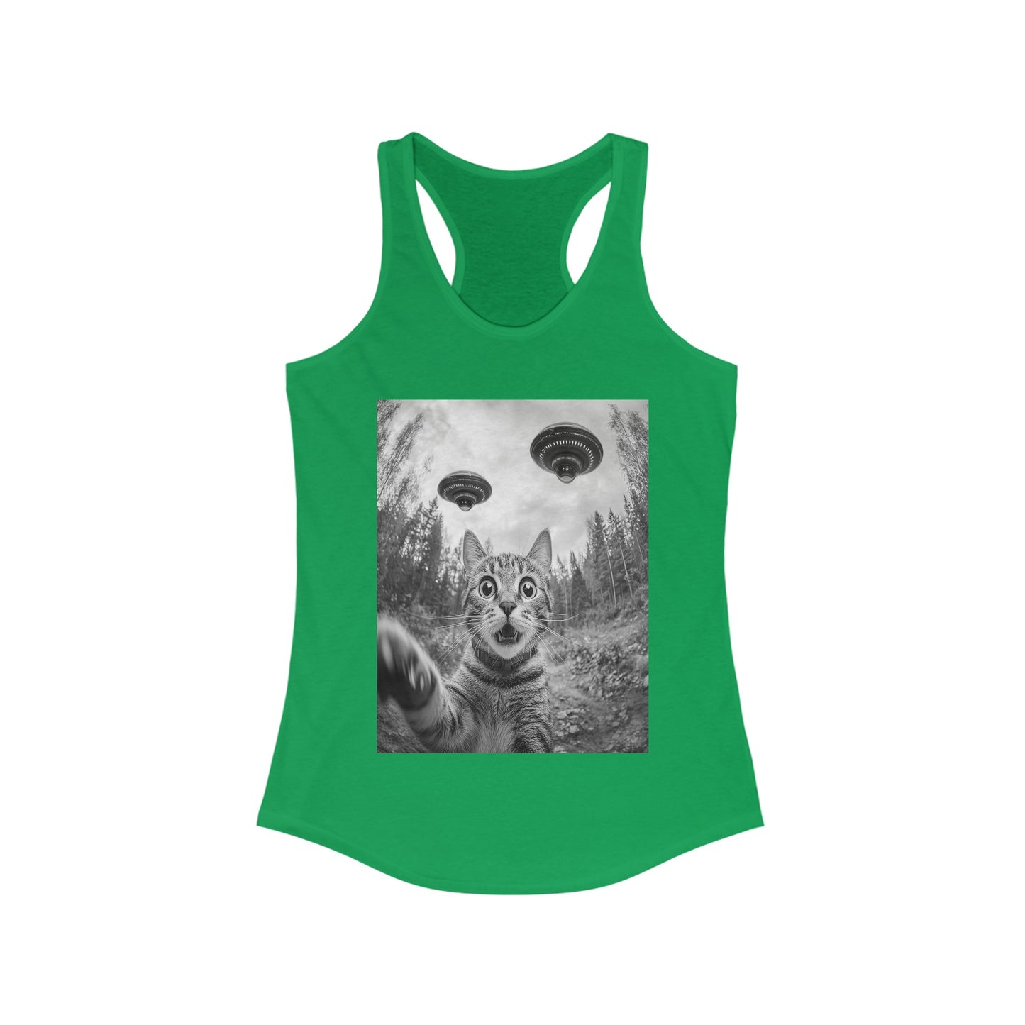 Funny Cat Selfie With Alien UFO Animal Lover Gift Racerback Tank, Funny Cat Shirt, Momma Cat Gift, Cat Lover Gift