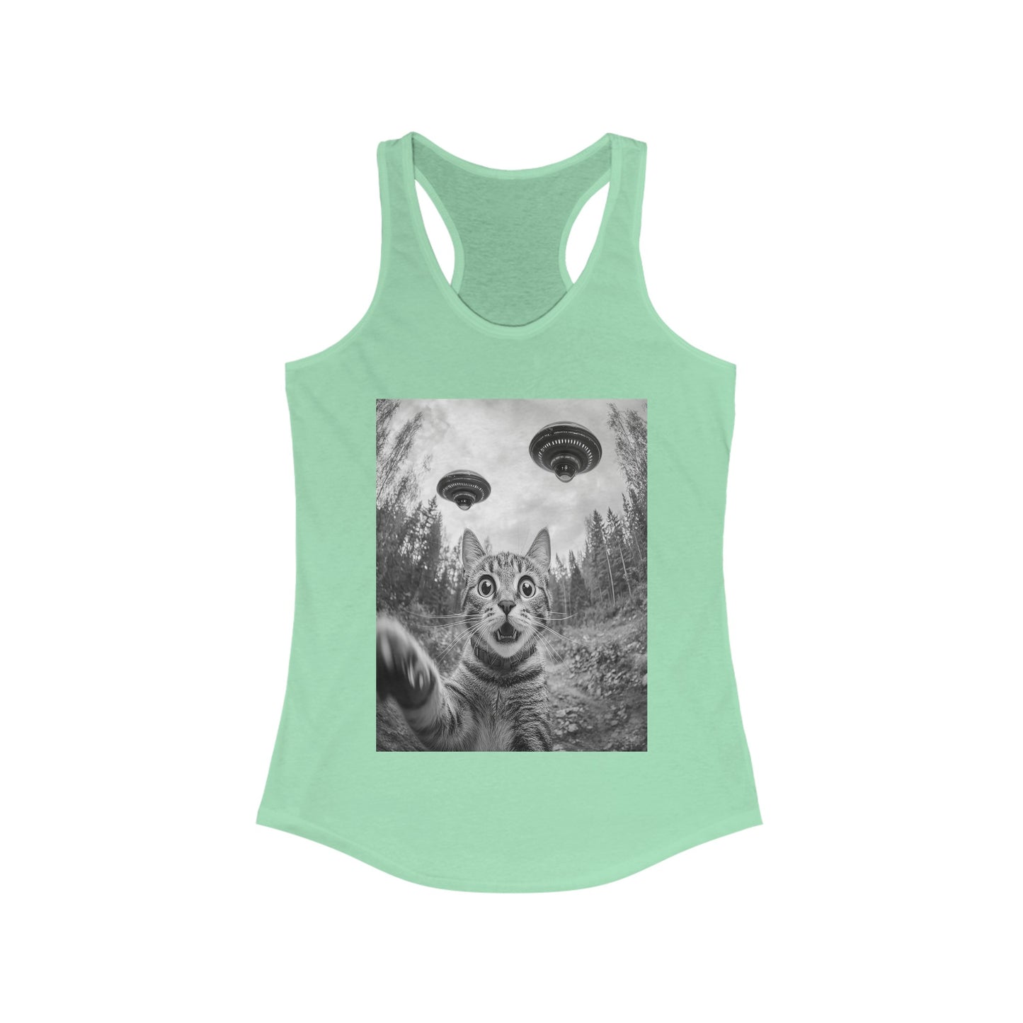 Funny Cat Selfie With Alien UFO Animal Lover Gift Racerback Tank, Funny Cat Shirt, Momma Cat Gift, Cat Lover Gift