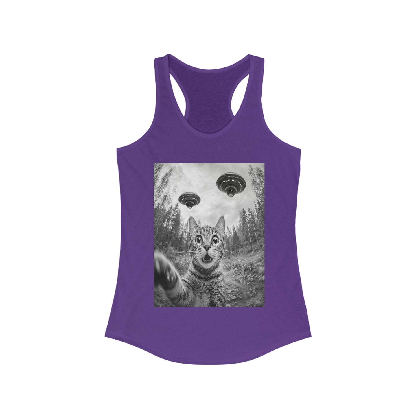 Funny Cat Selfie With Alien UFO Animal Lover Gift Racerback Tank, Funny Cat Shirt, Momma Cat Gift, Cat Lover Gift