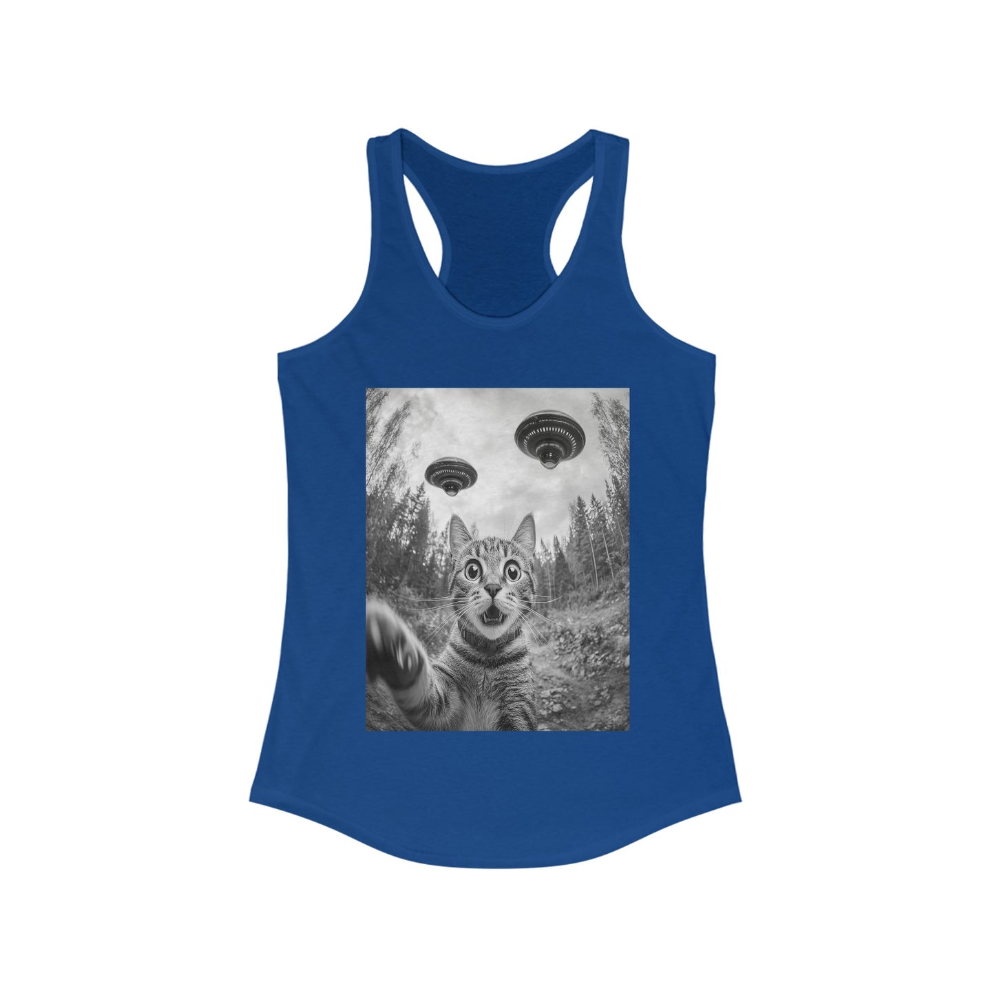 Funny Cat Selfie With Alien UFO Animal Lover Gift Racerback Tank, Funny Cat Shirt, Momma Cat Gift, Cat Lover Gift
