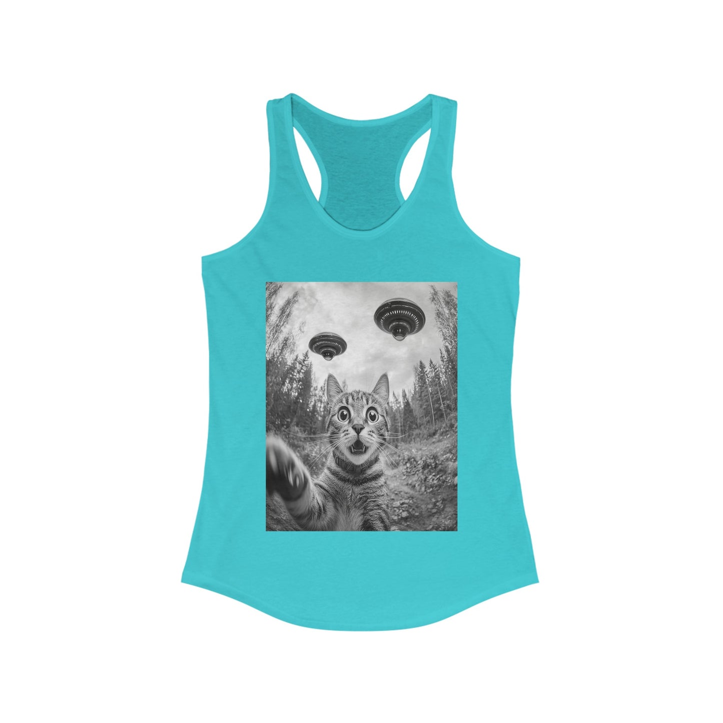 Funny Cat Selfie With Alien UFO Animal Lover Gift Racerback Tank, Funny Cat Shirt, Momma Cat Gift, Cat Lover Gift