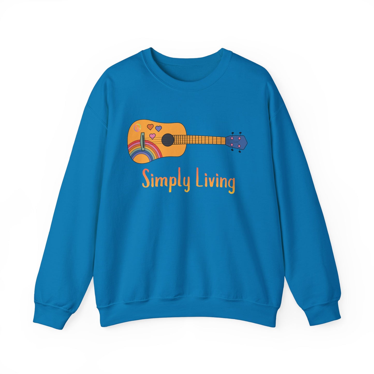 Simply Living Guitar Unisex Heavy Blend™ Crewneck Sweatshirt, Peace sign, Rainbow Guitar, Music Lover Gift, Guitar Player Gift