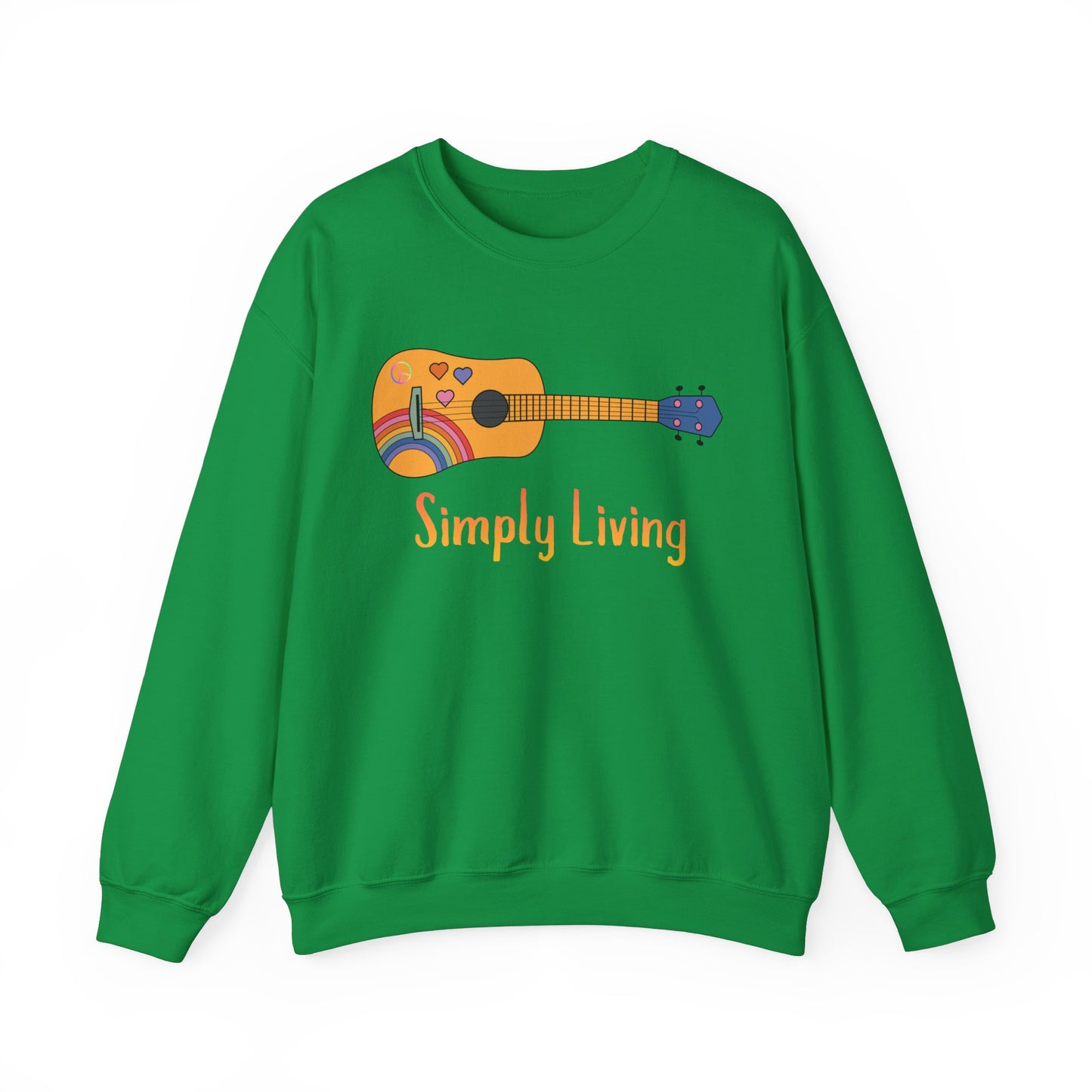 Simply Living Guitar Unisex Heavy Blend™ Crewneck Sweatshirt, Peace sign, Rainbow Guitar, Music Lover Gift, Guitar Player Gift
