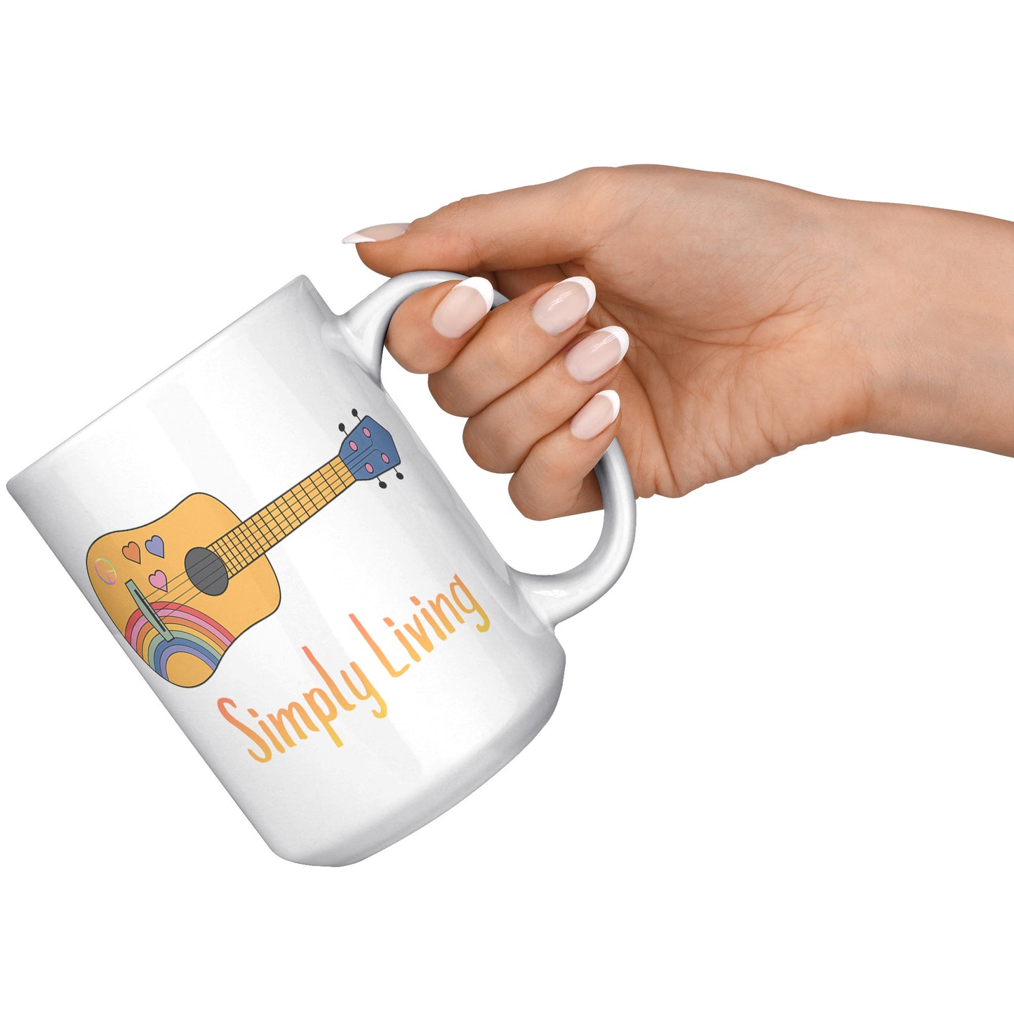Simply Living Peace Rainbow Guitar 15 oz Mug, Guitar Lover Gift, Music Lover Gift