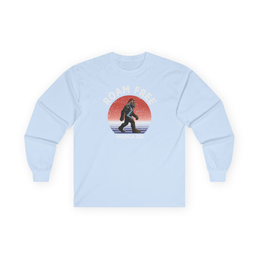 Bigfoot Roam Free America 250 Blue Long Sleeve T-Shirt – Patriotic Bigfoot Hiking Shirt, Outdoor Adventure Tee, USA 250th Anniversary Gift