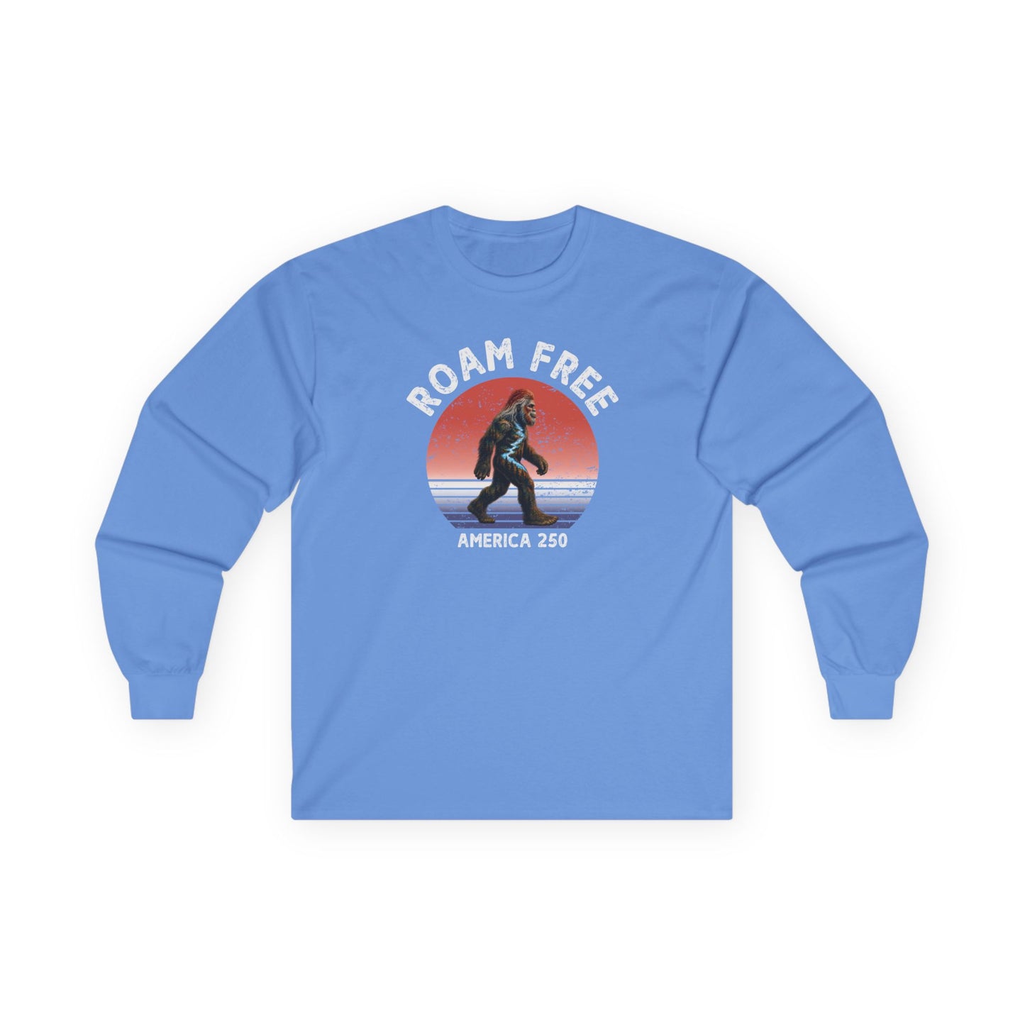 Bigfoot Roam Free America 250 Blue Long Sleeve T-Shirt – Patriotic Bigfoot Hiking Shirt, Outdoor Adventure Tee, USA 250th Anniversary Gift