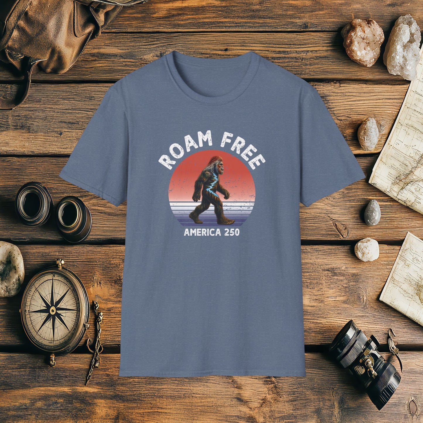 Bigfoot Roam Free America 250 Blue T-Shirt – Patriotic Bigfoot Hiking Shirt, Outdoor Adventure Tee, USA 250th Anniversary Gift