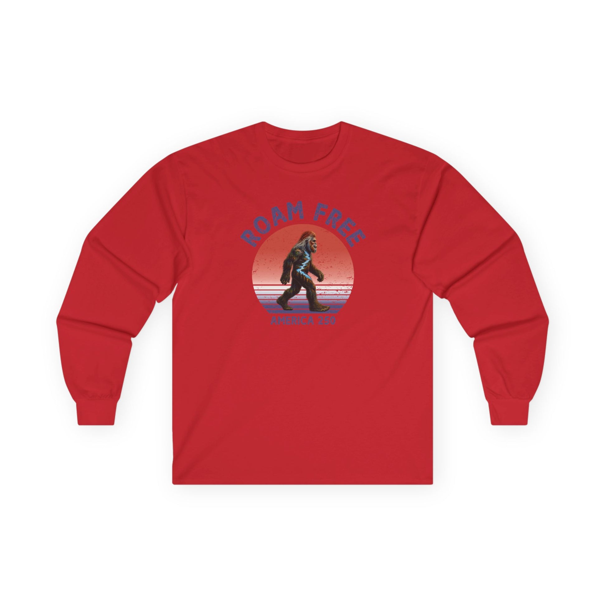 Bigfoot Roam Free America 250 Red Long Sleeve T-Shirt – Patriotic Bigfoot Hiking Shirt, Outdoor Adventure Tee, USA 250th Anniversary Gift