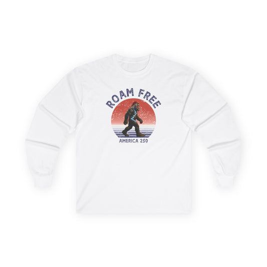 Bigfoot Roam Free America 250 White Long Sleeve T-Shirt – Patriotic Bigfoot Hiking Shirt, Outdoor Adventure Tee, USA 250th Anniversary Gift