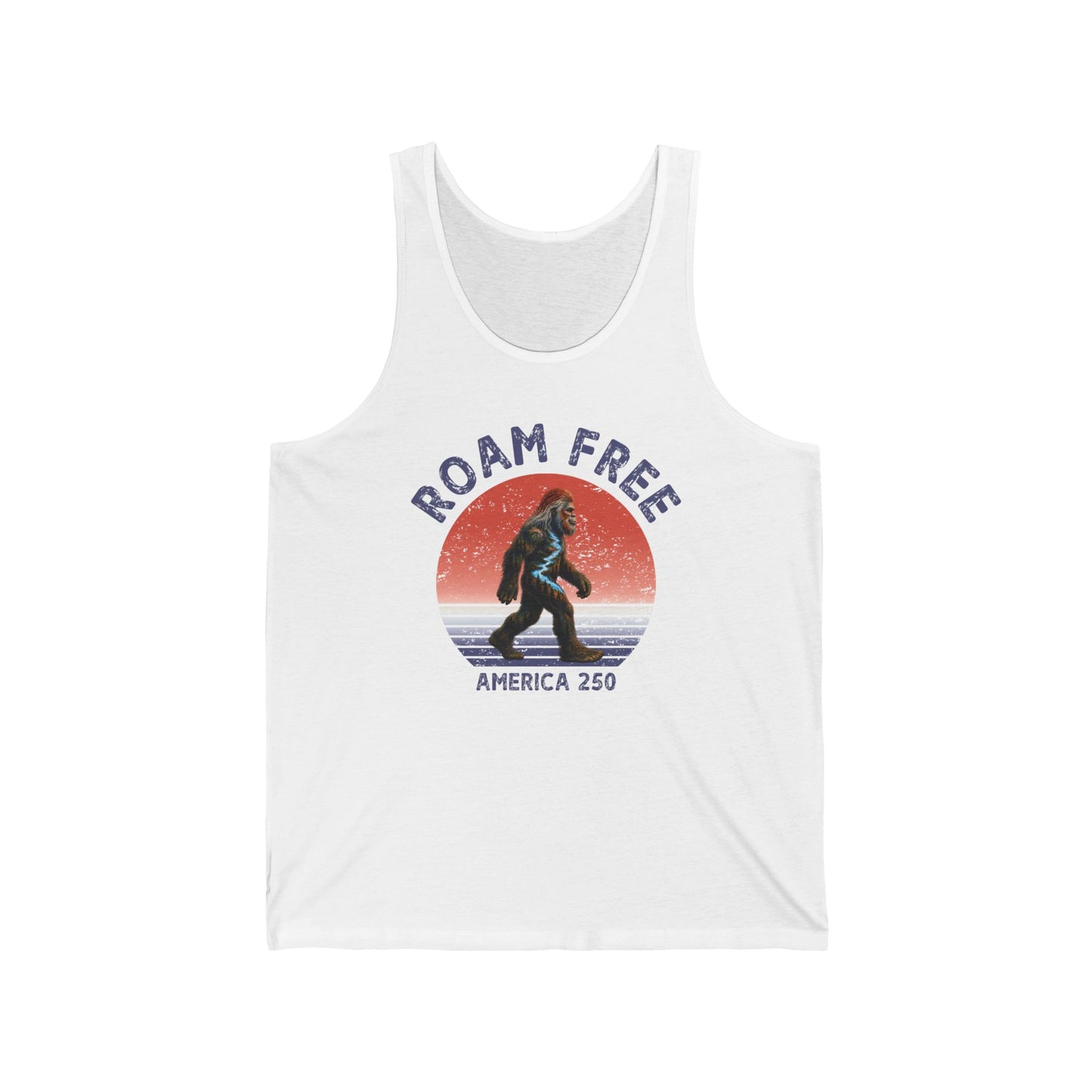 Bigfoot Roam Free America 250 White Unisex Jersey Tank – Patriotic Bigfoot Hiking Shirt, Outdoor Adventure Tank, USA 250th Anniversary Gift