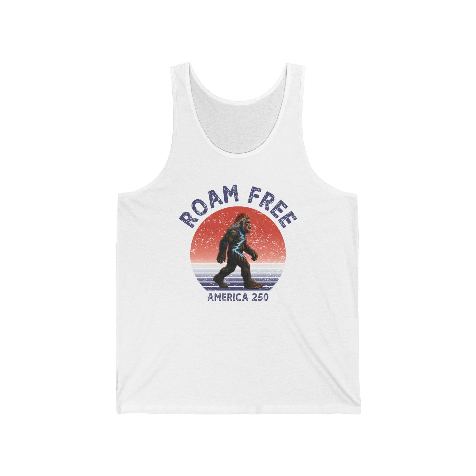 Bigfoot Roam Free America 250 White Unisex Jersey Tank – Patriotic Bigfoot Hiking Shirt, Outdoor Adventure Tank, USA 250th Anniversary Gift