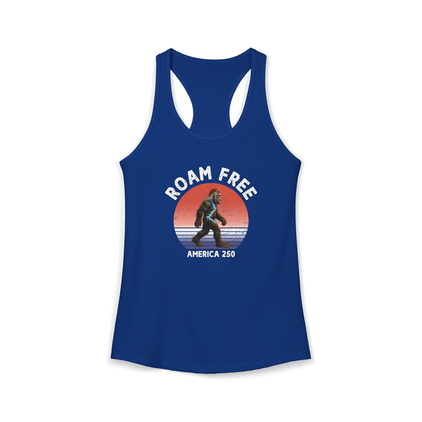 Bigfoot Roam Free America 250 Women's Blue Ideal Racerback Tank – Patriotic Bigfoot Hiking Shirt, Outdoor Adventure Tank, USA 250th Anniversary Gift