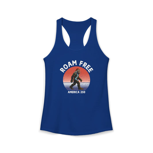 Bigfoot Roam Free America 250 Women's Blue Ideal Racerback Tank – Patriotic Bigfoot Hiking Shirt, Outdoor Adventure Tank, USA 250th Anniversary Gift
