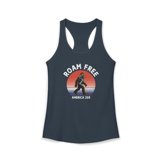 Bigfoot Roam Free America 250 Women's Blue Ideal Racerback Tank – Patriotic Bigfoot Hiking Shirt, Outdoor Adventure Tank, USA 250th Anniversary Gift