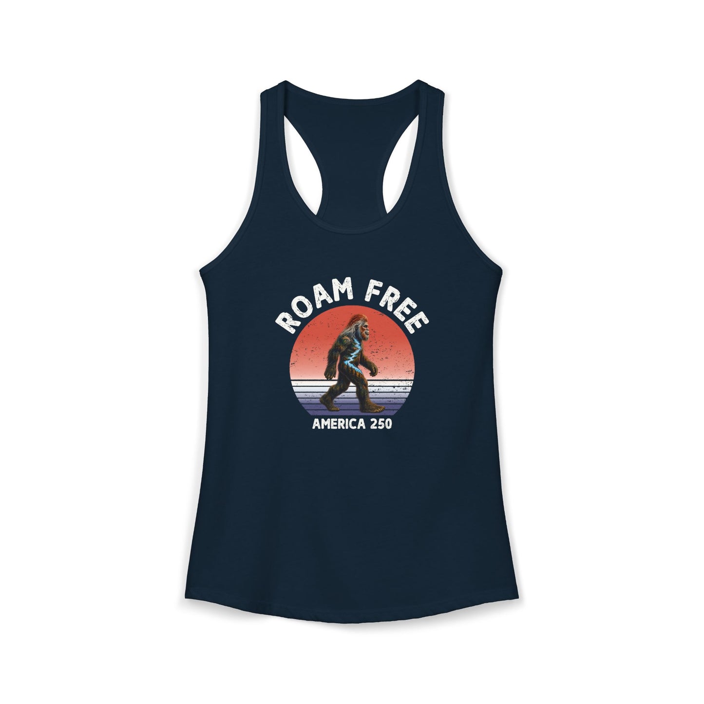 Bigfoot Roam Free America 250 Women's Blue Ideal Racerback Tank – Patriotic Bigfoot Hiking Shirt, Outdoor Adventure Tank, USA 250th Anniversary Gift