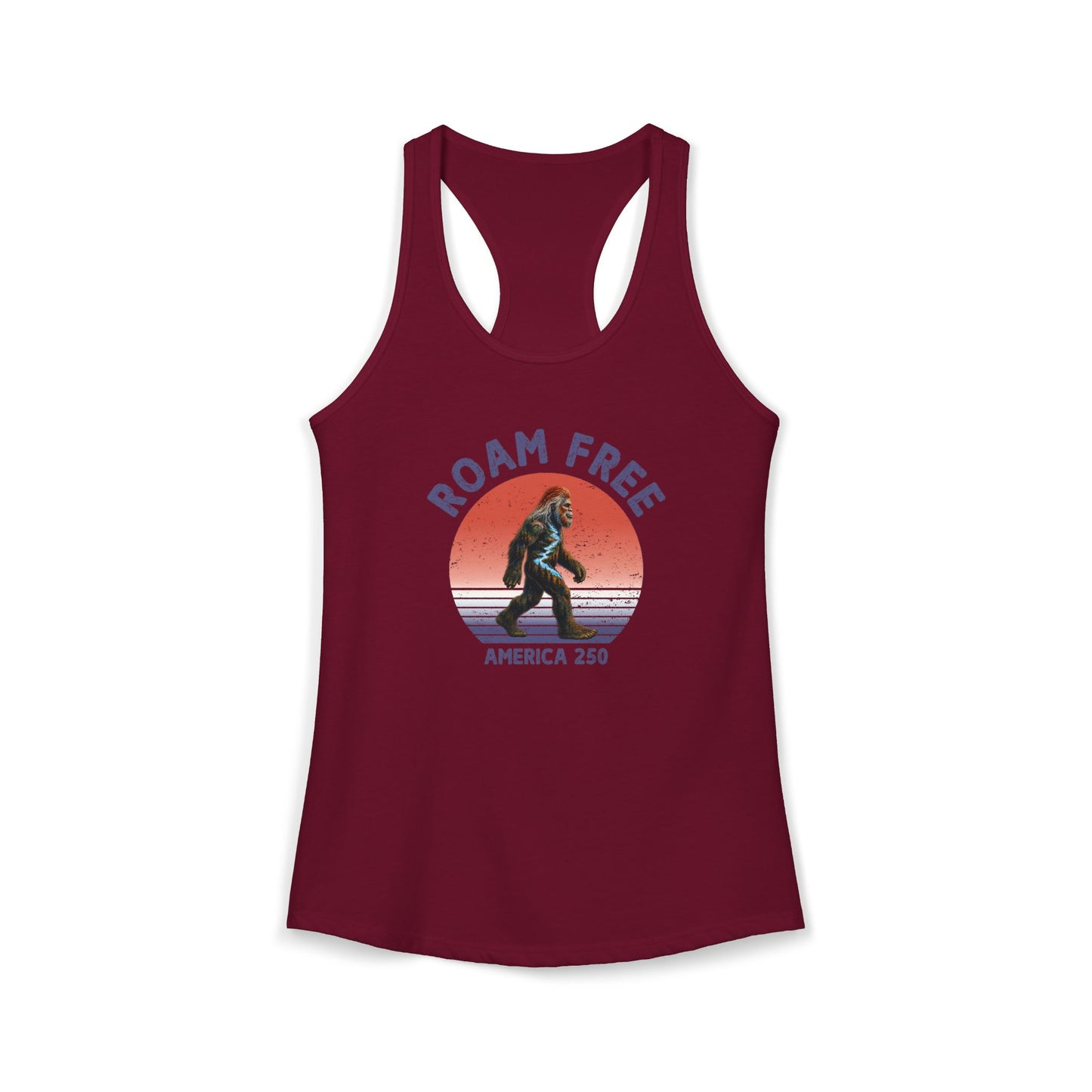 Bigfoot Roam Free America 250 Women's Red Ideal Racerback Tank – Patriotic Bigfoot Hiking Shirt, Outdoor Adventure Tank, USA 250th Anniversary Gift