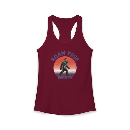 Bigfoot Roam Free America 250 Women's Red Ideal Racerback Tank – Patriotic Bigfoot Hiking Shirt, Outdoor Adventure Tank, USA 250th Anniversary Gift