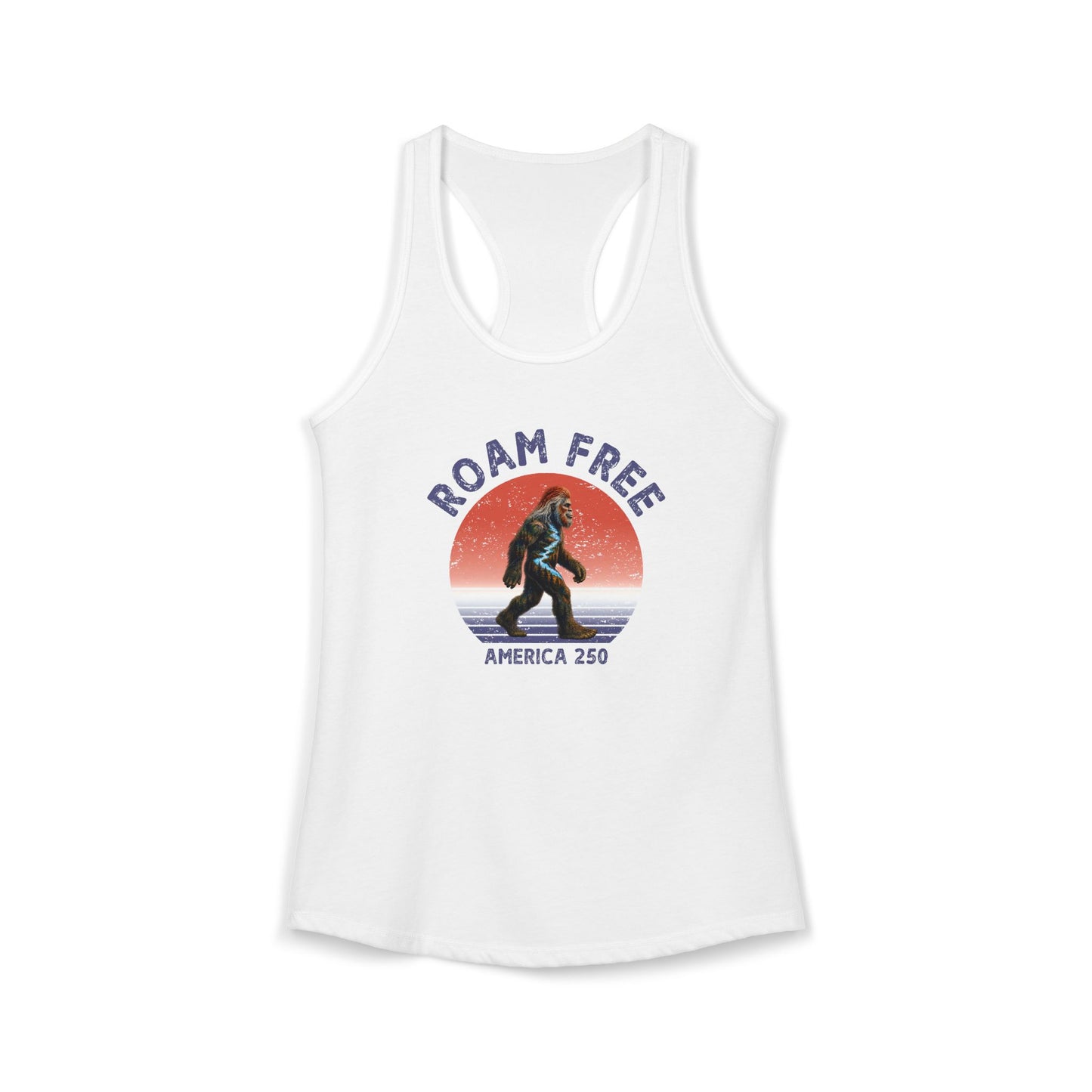 Bigfoot Roam Free America 250 Women's White Ideal Racerback Tank – Patriotic Bigfoot Hiking Shirt, Outdoor Adventure Tank, USA 250th Anniversary Gift
