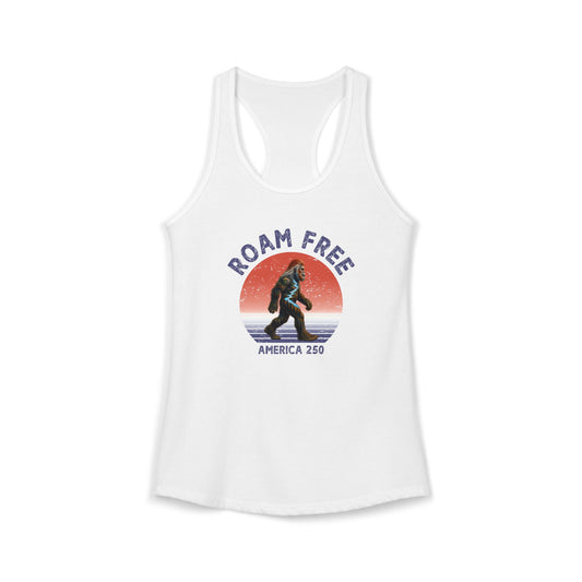 Bigfoot Roam Free America 250 Women's White Ideal Racerback Tank – Patriotic Bigfoot Hiking Shirt, Outdoor Adventure Tank, USA 250th Anniversary Gift