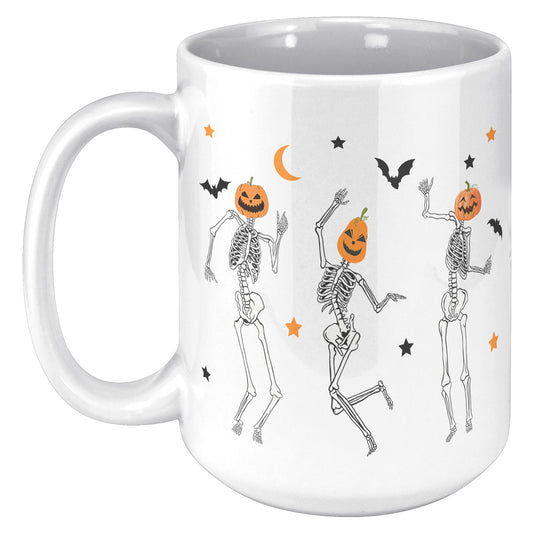 Dancing Skeleton Pumpkin Face 15oz Mug, Cute Fall Mug, Spooky Mug