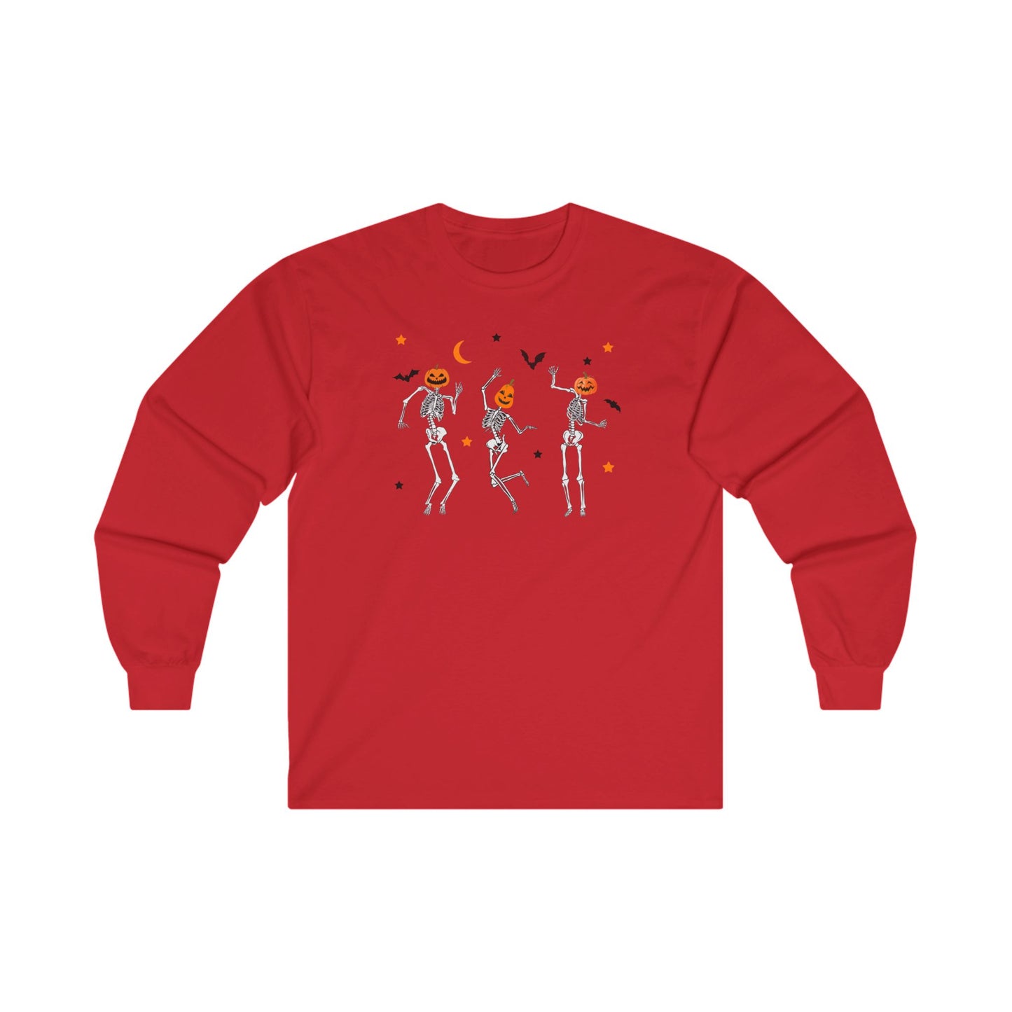 Dancing Skeleton Pumpkin Face Unisex Ultra Cotton Long Sleeve T-shirt, Womens Halloween Shirt, Cute Fall Shirt, Spooky T-shirt