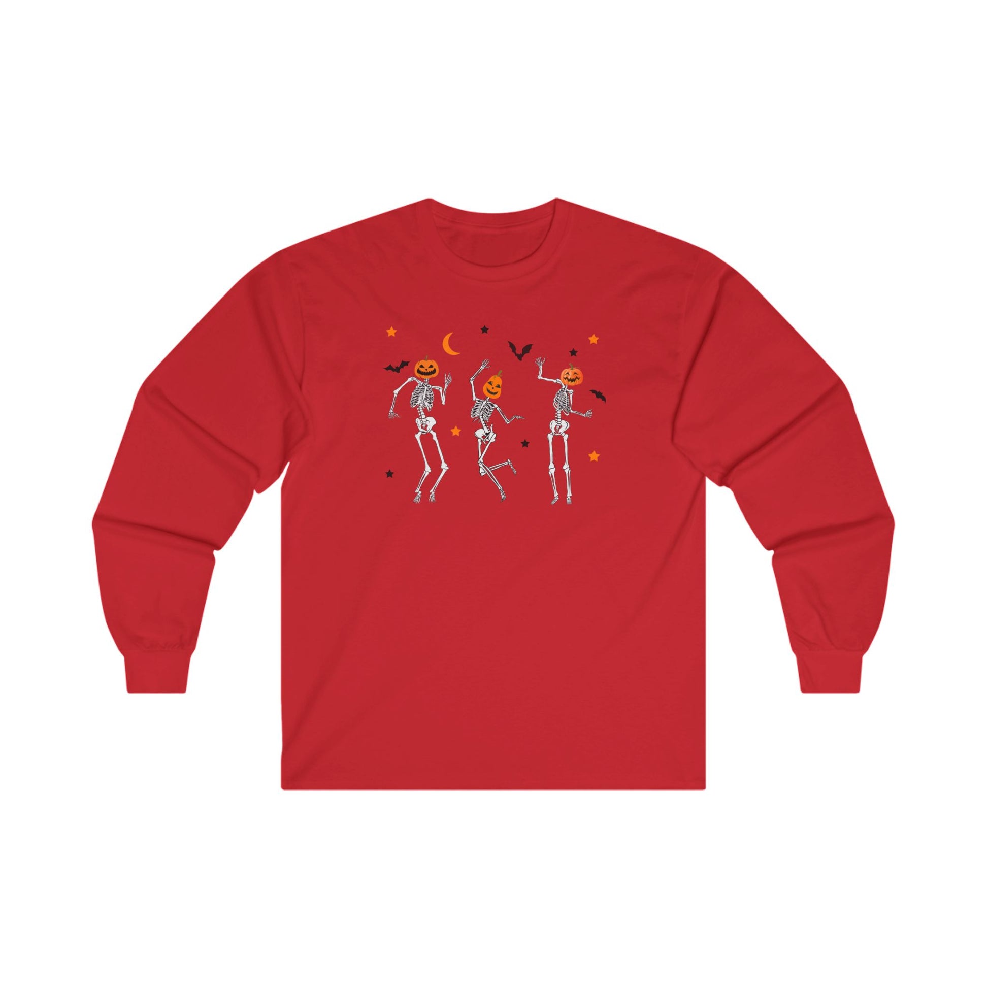 Dancing Skeleton Pumpkin Face Unisex Ultra Cotton Long Sleeve T-shirt, Womens Halloween Shirt, Cute Fall Shirt, Spooky T-shirt