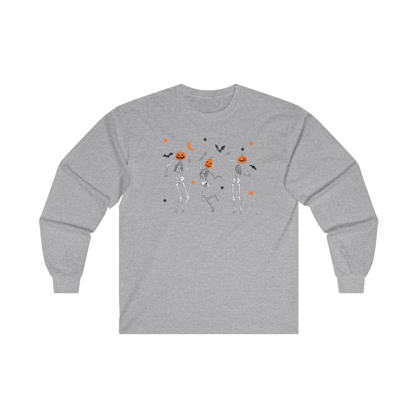 Dancing Skeleton Pumpkin Face Unisex Ultra Cotton Long Sleeve T-shirt, Womens Halloween Shirt, Cute Fall Shirt, Spooky T-shirt