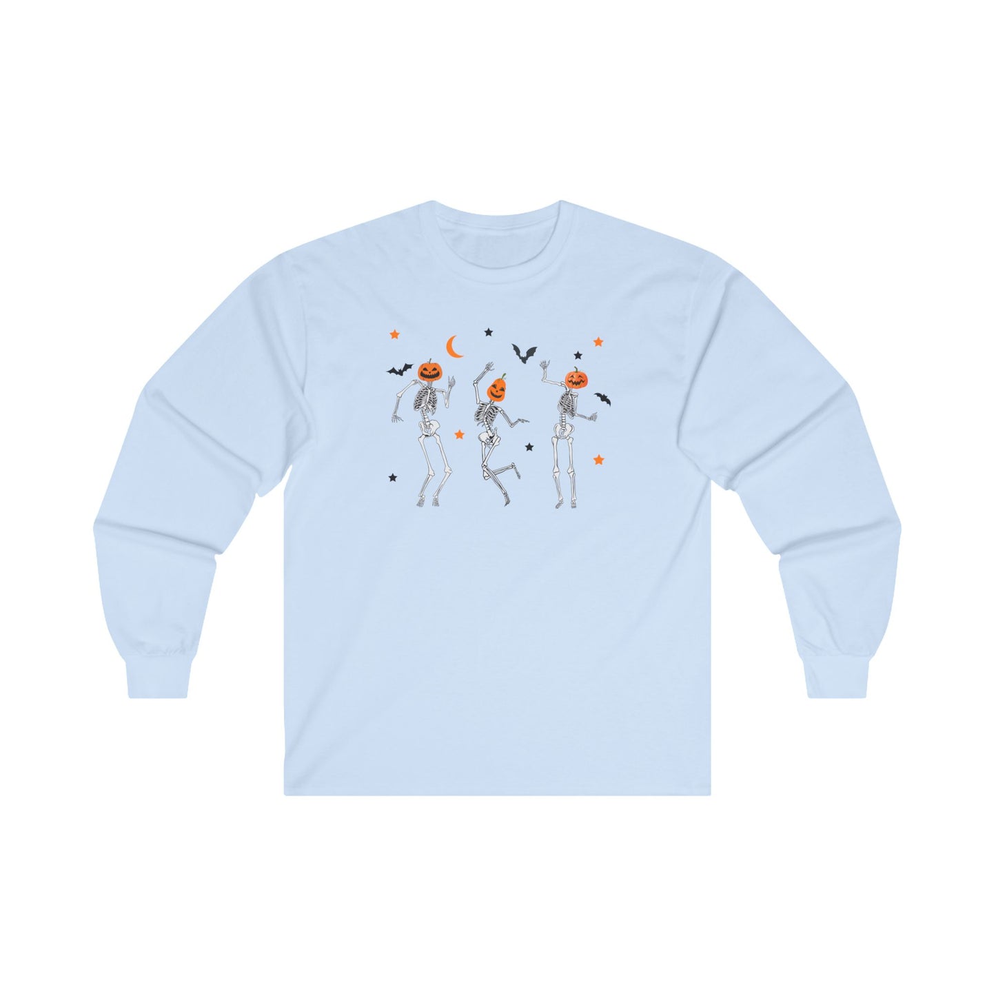 Dancing Skeleton Pumpkin Face Unisex Ultra Cotton Long Sleeve T-shirt, Womens Halloween Shirt, Cute Fall Shirt, Spooky T-shirt
