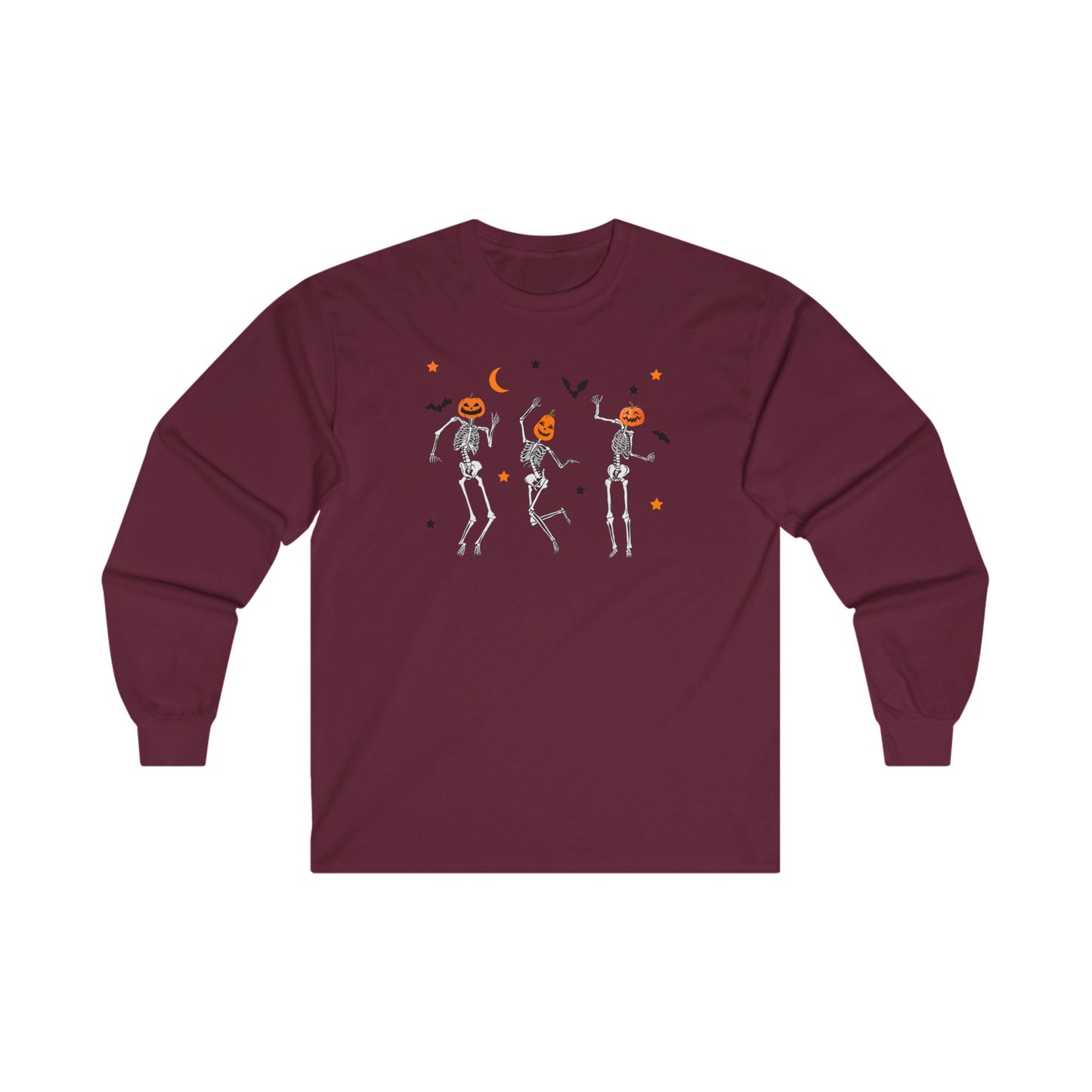 Dancing Skeleton Pumpkin Face Unisex Ultra Cotton Long Sleeve T-shirt, Womens Halloween Shirt, Cute Fall Shirt, Spooky T-shirt