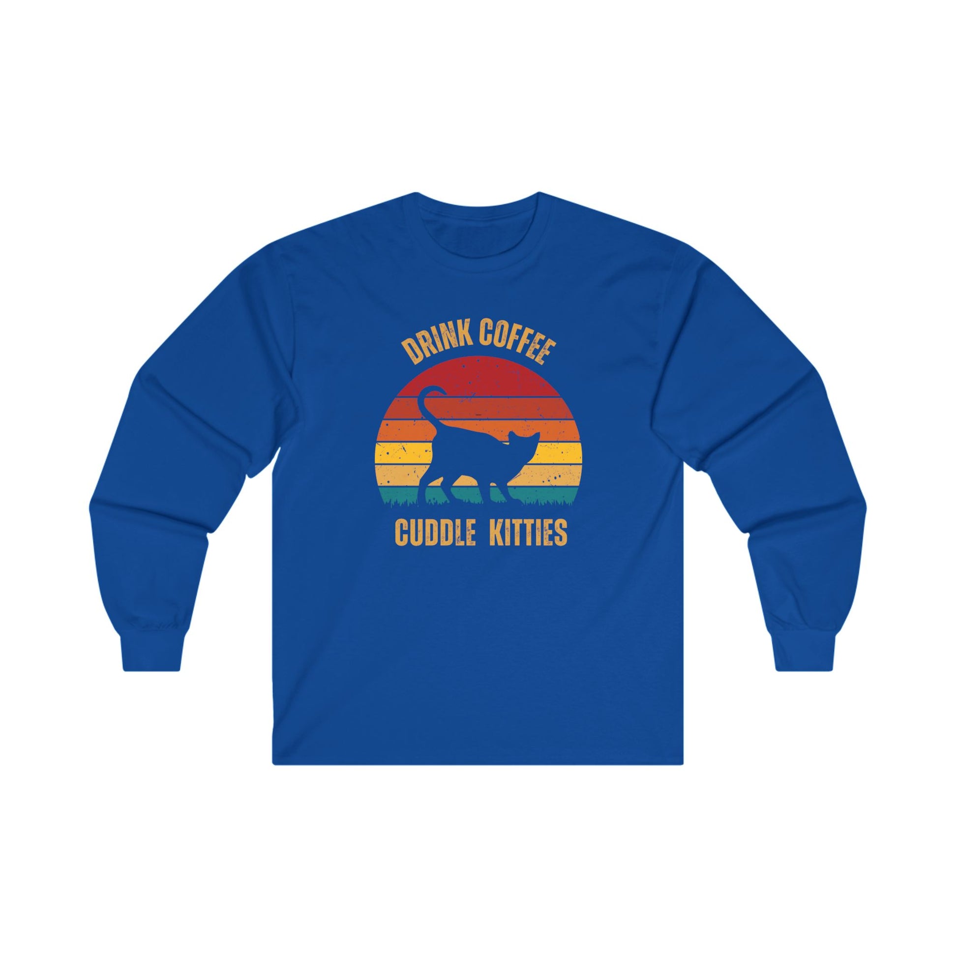 Drink Coffee Cuddle Kitties Unisex Ultra Cotton Long Sleeve Tee, girlfriend gift, boyfriend gift, mom gift, dad gift, cat lover, coffee drinker gift, funny cat t-shirt,Cat Tee,sunset