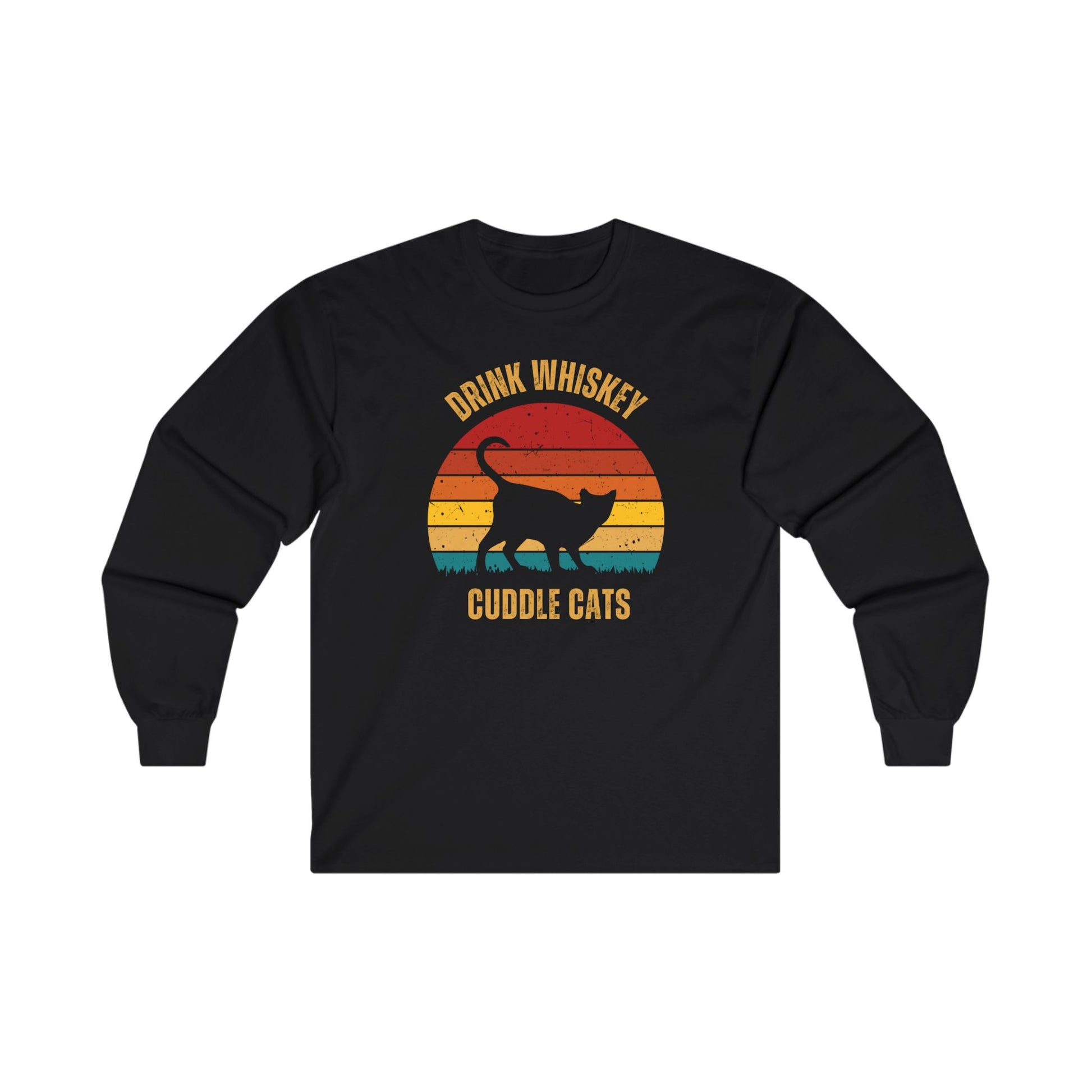 Drink Whiskey Cuddle Cats Unisex Ultra Cotton Long Sleeve T-shirt, girlfriend gift, boyfriend gift, mom gift, dad gift, cat lover, Whiskey drinker gift, funny cat t-shirt, Cat Tee, Sunset