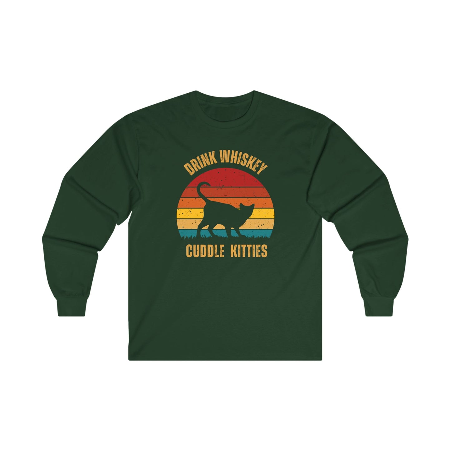 Drink Whiskey Cuddle Kitties Unisex Ultra Cotton Long Sleeve Tee, girlfriend gift, boyfriend gift, mom gift, dad gift, cat lover gift, Whiskey drinker Gift, funny cat t-shirt, Cat Tee, Sunset