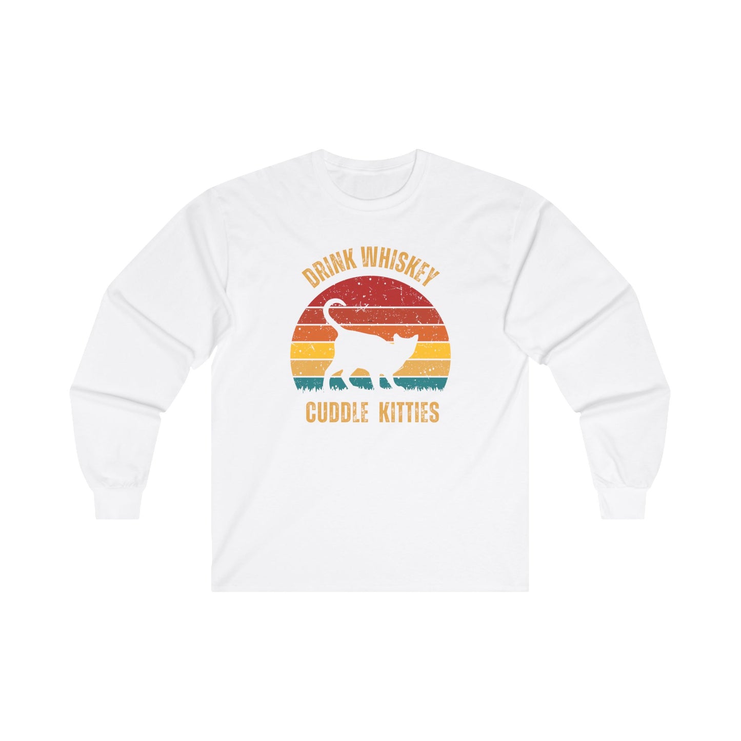 Drink Whiskey Cuddle Kitties Unisex Ultra Cotton Long Sleeve Tee, girlfriend gift, boyfriend gift, mom gift, dad gift, cat lover gift, Whiskey drinker Gift, funny cat t-shirt, Cat Tee, Sunset