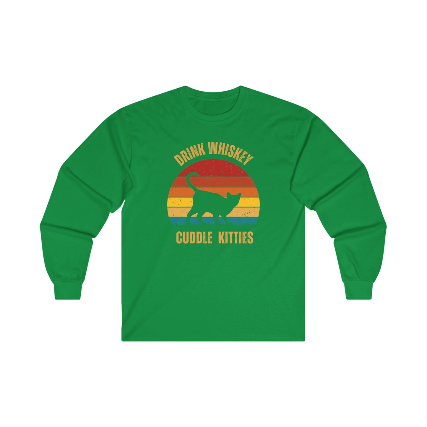 Drink Whiskey Cuddle Kitties Unisex Ultra Cotton Long Sleeve Tee, girlfriend gift, boyfriend gift, mom gift, dad gift, cat lover gift, Whiskey drinker Gift, funny cat t-shirt, Cat Tee, Sunset