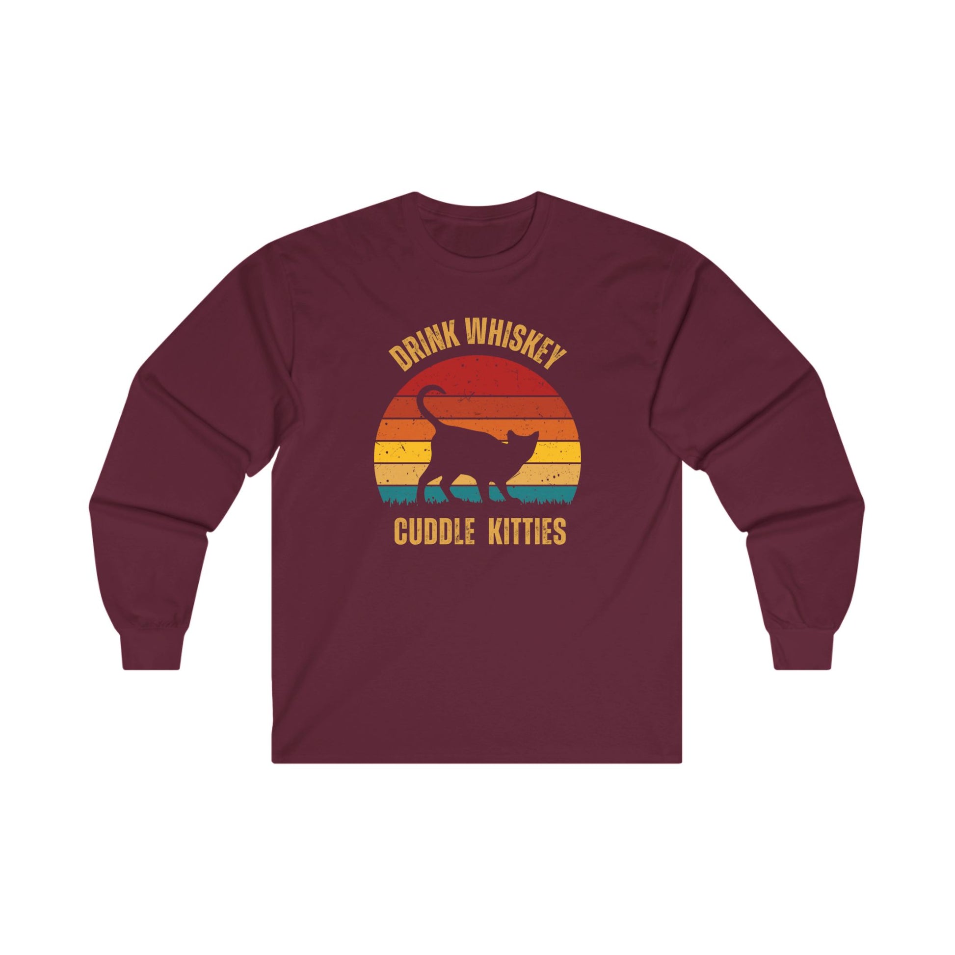 Drink Whiskey Cuddle Kitties Unisex Ultra Cotton Long Sleeve Tee, girlfriend gift, boyfriend gift, mom gift, dad gift, cat lover gift, Whiskey drinker Gift, funny cat t-shirt, Cat Tee, Sunset