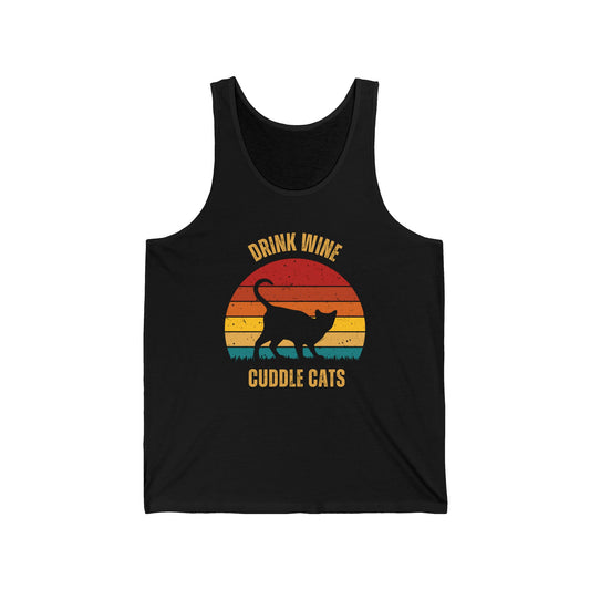 Drink Wine Cuddle Cats Unisex Jersey Tank, Momma Cat Gift, Cat Dad Gift, Wine Drinker Gift, Funny Cat Tank Top