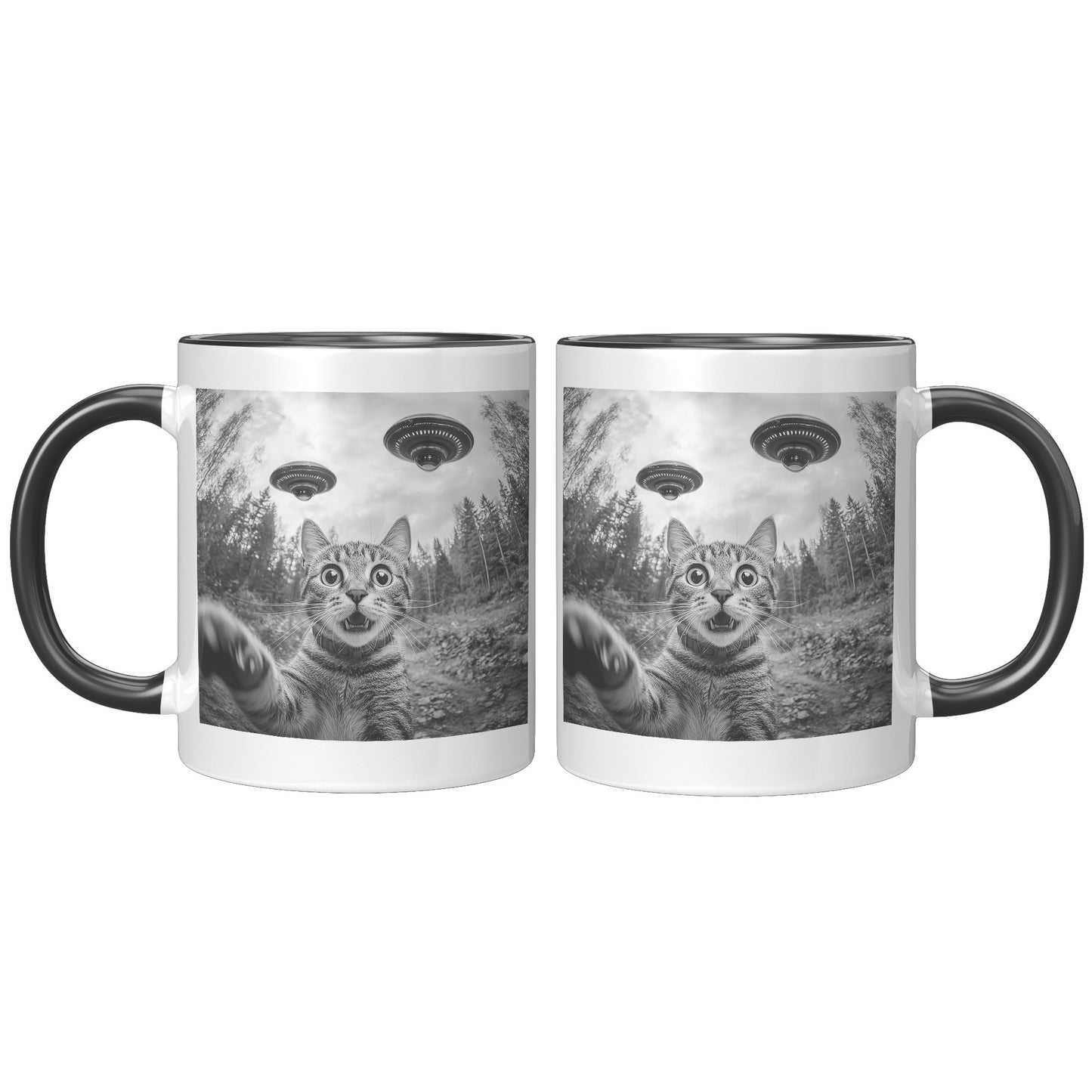 Funny Cat Selfie With Alien UFO 110z Accent Mug, Cat Momma Gift, Cat Dad Gift