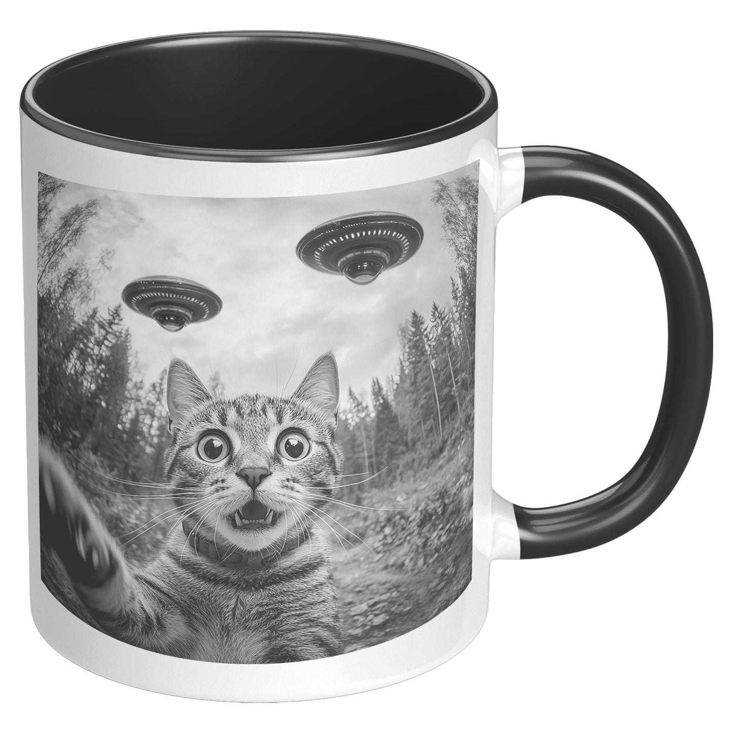 Funny Cat Selfie With Alien UFO 110z Accent Mug, Cat Momma Gift, Cat Dad Gift