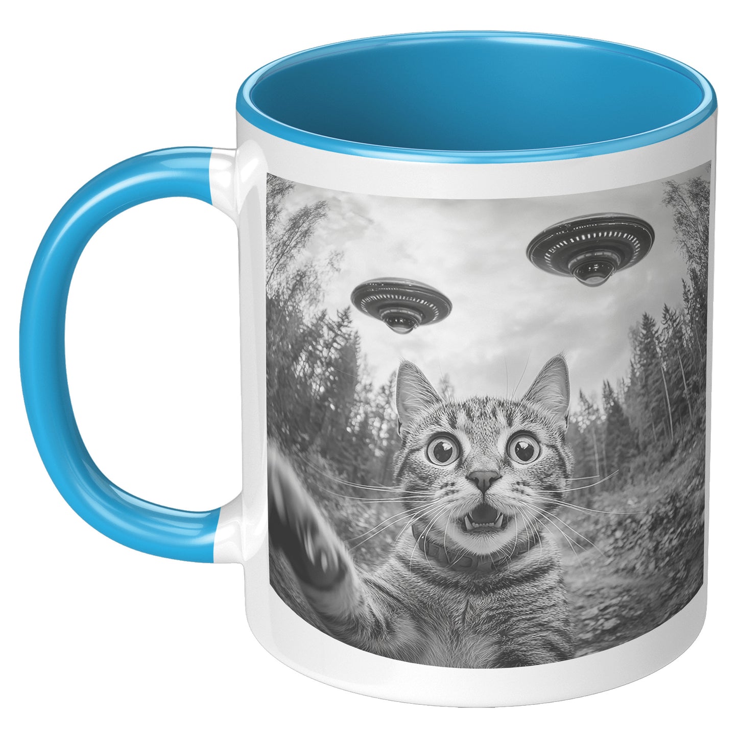 Funny Cat Selfie With Alien UFO 110z Accent Mug, Cat Momma Gift, Cat Dad Gift