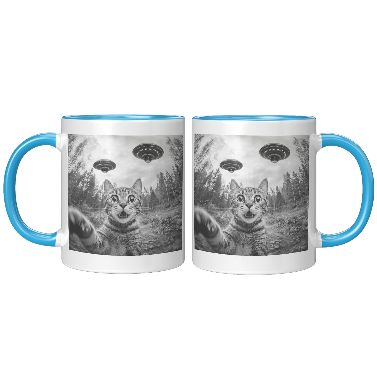 Funny Cat Selfie With Alien UFO 110z Accent Mug, Cat Momma Gift, Cat Dad Gift